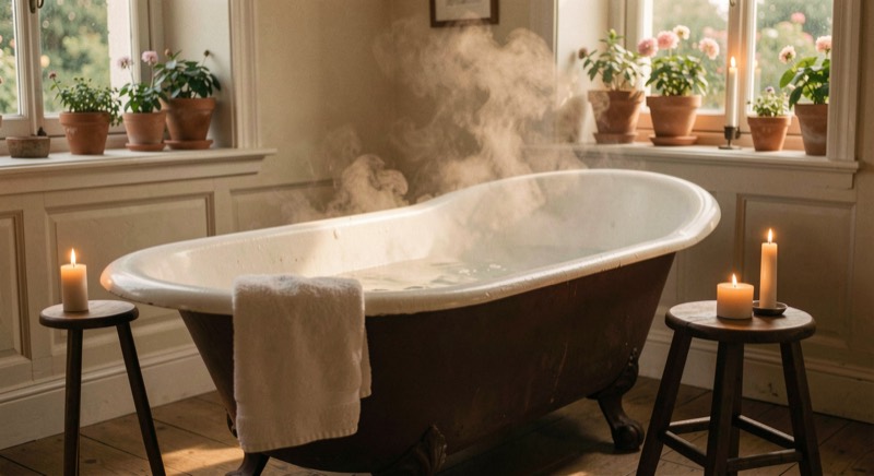 Une baignoire en fonte pleine de vapeur avec une serviette sur le rebord et une lumière chaude de fin de journée.