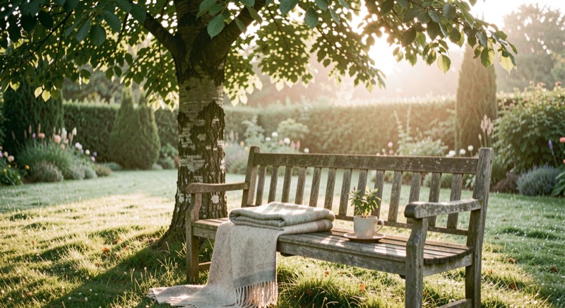 Un jardin luxembourgeois paisible à l’aube, banc sous un tilleul, plaid et tasse de tisane posés dessus