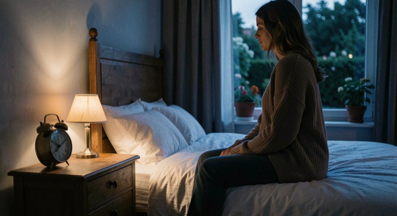 Une personne assise au bord de son lit dans la pénombre bleutée de la nuit, réveil posé sur la table de nuit, veilleuse tamisée.
