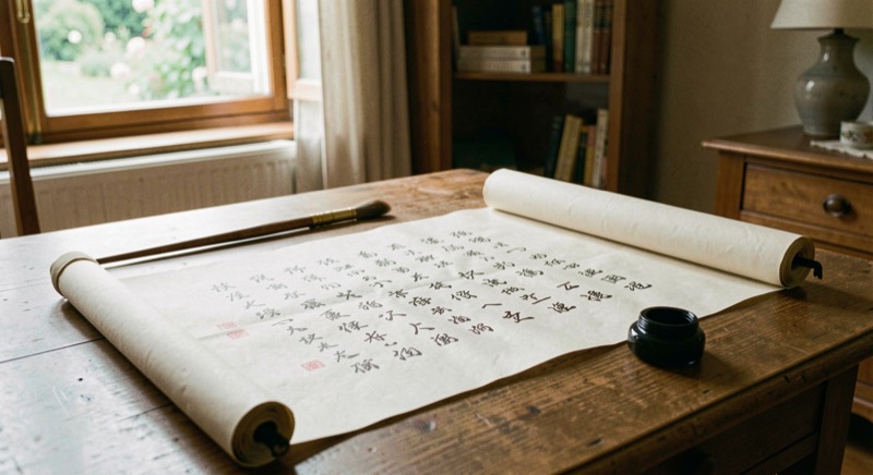 Un rouleau de calligraphie chinoise déroulé sur une table en bois, pinceau et encre posés à côté, lumière latérale douce.