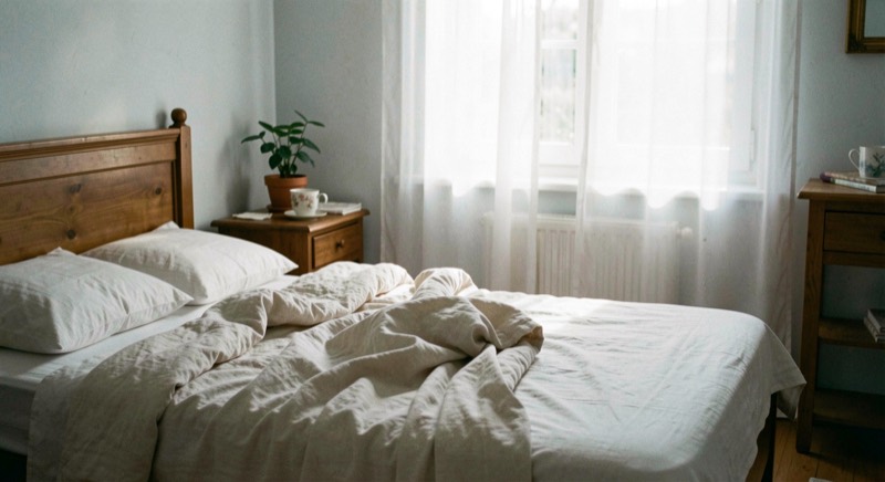 Une chambre sobre à l'aube, lit défait, rideau clair qui laisse passer une lumière douce, une tasse de tisane sur la table de nuit.