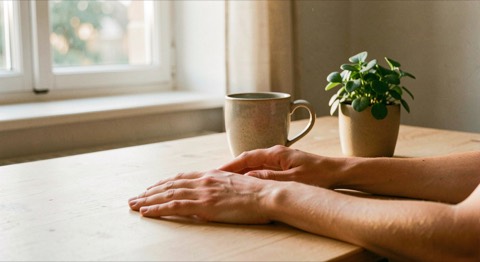 Des mains posées à plat sur un bureau en bois clair près d'une tasse et d'une petite plante, lumière de fin de journée.
