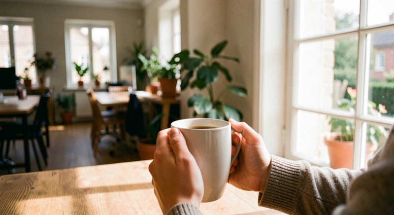 Un bureau ouvert en arrière-plan flou, au premier plan deux mains jointes autour d'une tasse chaude près d'une fenêtre.